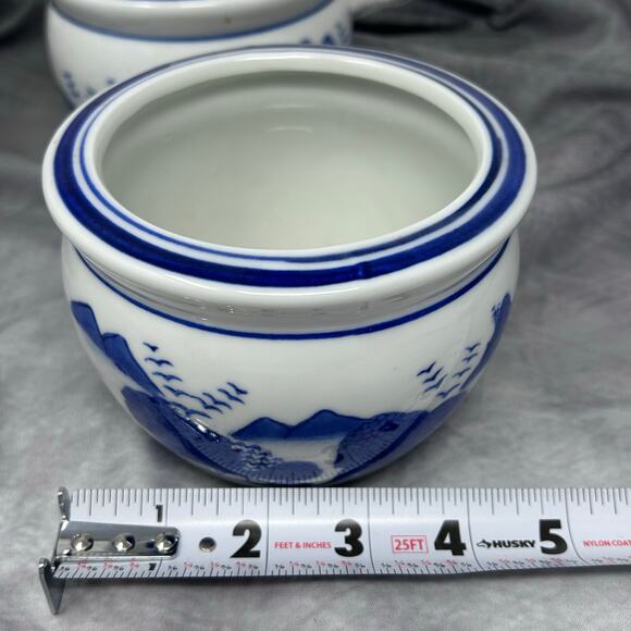 VTG Lot 3 Chinoiserie Porcelain Cachepot Jardiniere Blue White 5" Asian Scenes - Picture 7 of 10